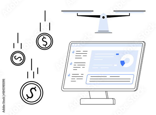 Financial technology, quadcopter delivery, data analysis, e-commerce, logistics, investments. Coins dropping, a Quadcopter and a computer monitor with statistical data. Financial technology