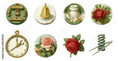 Vintage Miniature Antique Clockmaker Tool Set with Porcelain Pieces on Isolated Background