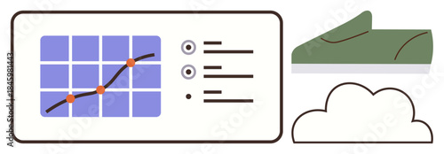 Dashboard chart with data points, checklist, shoe, and cloud graphic, combining fitness tracking and data monitoring. Ideal for fitness, stats, cloud service, health tracking business technology