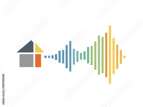 Abstract representation of a house emitting sound waves, symbolizing acoustic design or smart home technology integration