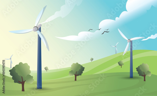 wind turbine renewable energy  on green hills flat vector illustration, Clean and sustainable power generation concept, eco-friendly wind farm illustration.
