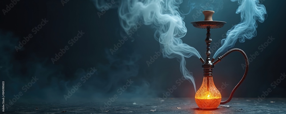 Fototapeta premium Traditional hookah pipe with amber glowing water and swirling white smoke clouds. Dark moody background with atmospheric fog. Aromatic tobacco smoking ritual.