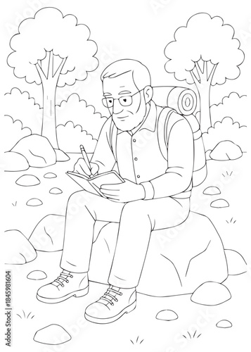 Coloring Book Dad writing notes while sitting on a rock at the campsite