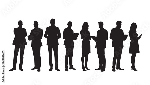 Business people , silhouettes, group of standing business men and businesswomen
