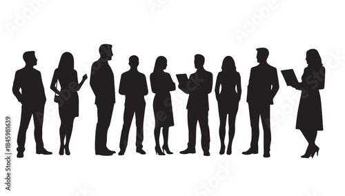 Business people , silhouettes, group of standing business men and businesswomen

