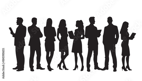 Business people , silhouettes, group of standing business men and businesswomen
