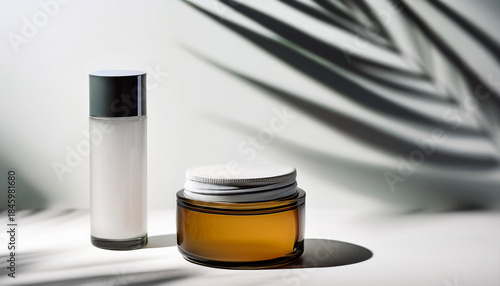 Minimalist Skincare Jar And Glass Cup With Palm Shadow On A Fresh White Background