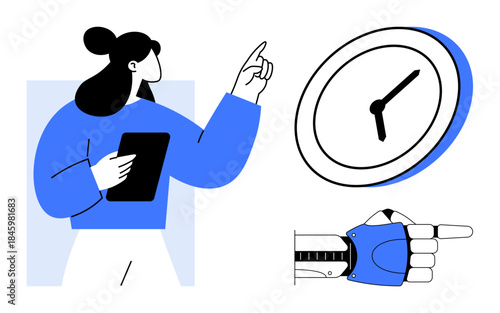 Time management productivity technology automation multitasking scheduling planning Woman holding tablet, gesturing clock robotic hand pointing Time management and productivity concept