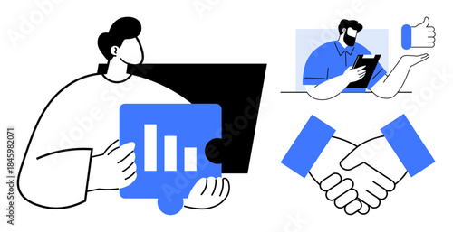 Teamwork, data sharing, collaboration, digital communication, remote work, analytics. A person holding a chart, a digital meeting with a thumbs-up and a handshake. Teamwork and data sharing visuals