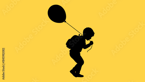 Child silhouette with balloon and backpack on yellow background. Playful childhood journey graphic.