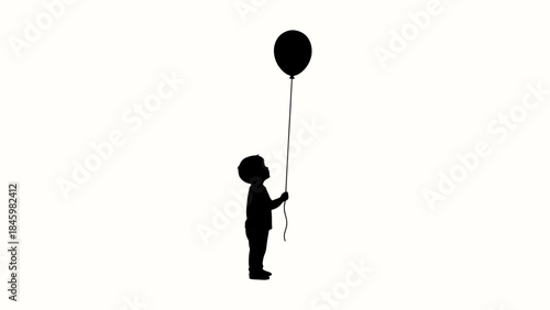 Child silhouette holding a balloon, black and white minimalist design