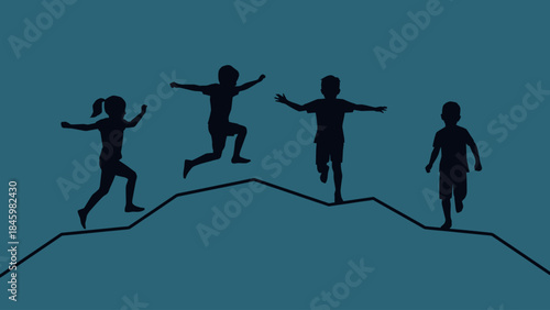 Active children silhouettes running, jumping, and playing on an abstract wavy line against a blue background