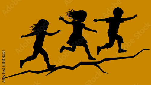 Energetic children silhouettes running and jumping over a crack, symbolizing childhood play and freedom