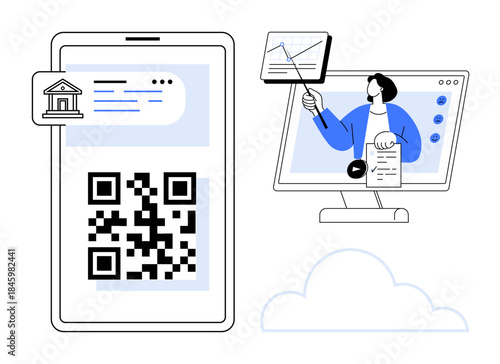 Digital transactions. Digital transactions highlighted with QR code, financial interface, and virtual presentations. Digital transactions for banking, e-learning, fintech, communication
