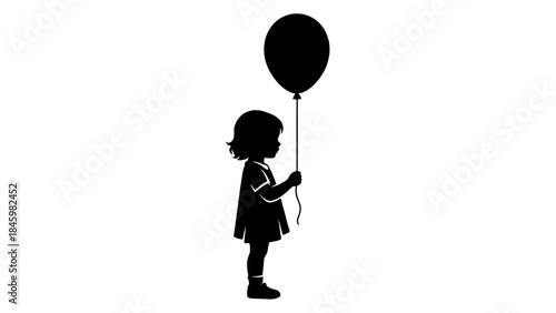 Child with Balloon Silhouette. Minimalist black graphic of a young girl holding a single balloon, isolated on white background.