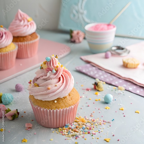 cupcakes with pink frosting and sprinkles