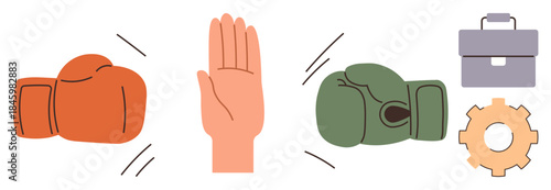 Red glove symbolizes conflict, green glove opposition, open hand peace. Gear represents process, briefcase work. Ideal for teamwork, negotiation, balance, collaboration decision-making leadership