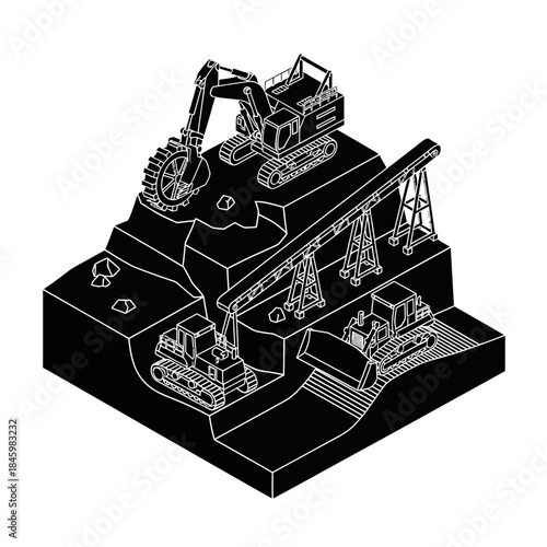 Isometric black and white illustration of a large-scale mining operation with heavy machinery like excavators, bulldozers, and conveyor belts.