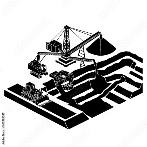 Isometric black and white illustration of an open-pit mining site with heavy machinery and material piles.