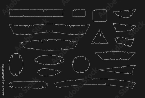 Set of 17 grunge frames. The outline has sharp edges in the form of cracks. It looks old, scratched, torn, worn, with uneven edges. Elements for decorating Halloween, Christmas or any other holiday
