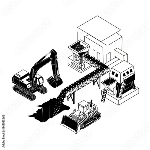 Isometric illustration of a mining and material processing operation with heavy machinery and conveyor system.