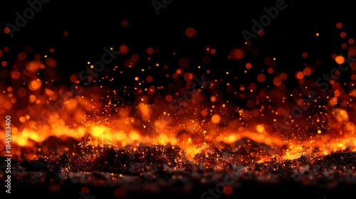 Intense glowing embers and sparks ascend from a dark, textured surface against a black background