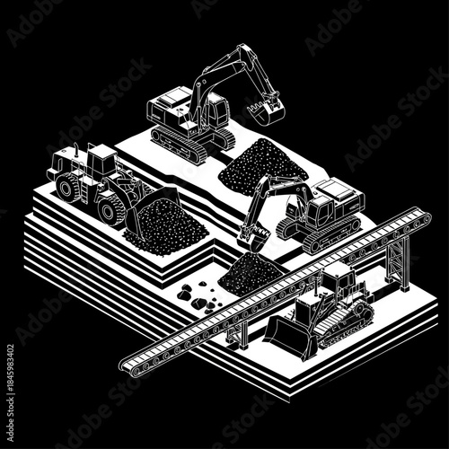 Isometric illustration of heavy machinery at a mining site, showing excavators, loader, and conveyor belt system.