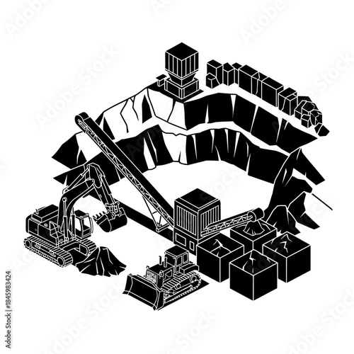 Isometric black and white illustration of an open-pit mining operation with heavy machinery and processed materials.