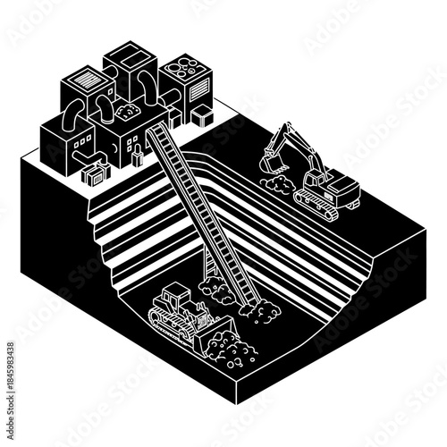 Isometric illustration of an open-pit mining operation with heavy machinery, conveyor belt, and processing plants.