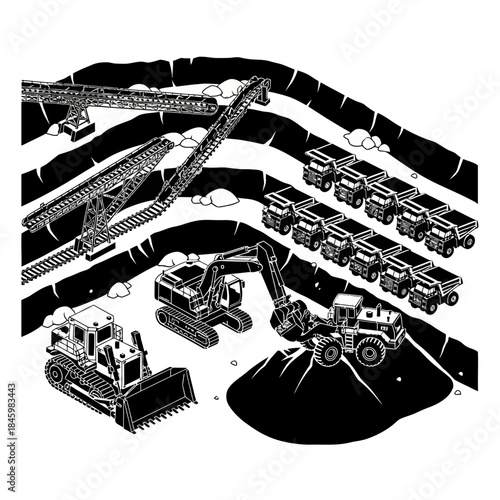 Isometric black and white illustration of an open-pit mining operation with heavy machinery, conveyor belts, and dump trucks on terraced slopes.