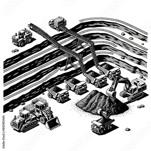 Isometric illustration of a large-scale open-pit mining operation with heavy machinery, conveyor belts, and dump trucks.