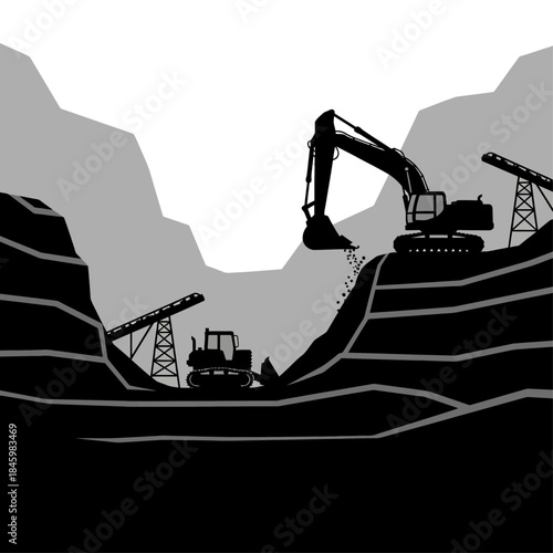Monochrome graphic illustration of an open-pit mining operation with heavy machinery.