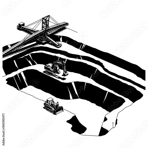 Black and white illustration of an open-pit mine with large excavators and a bulldozer working on different levels.