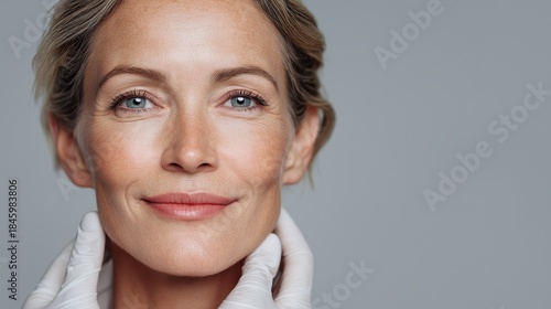 Mature skincare, dermatology, and antiaging treatment concept shown through professional facial examination. Image supports cosmetic clinics, skincare products, aesthetic medicine and beauty industry