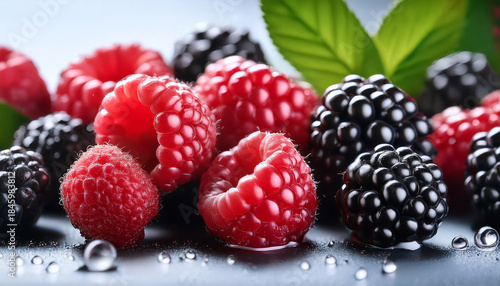 Ripe Blackberries And Raspberries With Water Droplets On Leaves