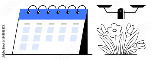 Time management, planning, schedule organization, nature, balance, harmony. A calendar, flowers and scales in a modern style. Time management and planning concept