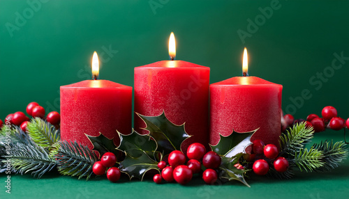 Three Red Christmas Candles With Holly And Berries On Festive Green Background Ready For Holiday Season Celebrations