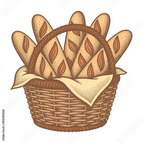 basket with several French baguettes in retro halftone style illustration