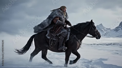 Warrior on horseback traversing a snowy landscape a powerful and dramatic scene.