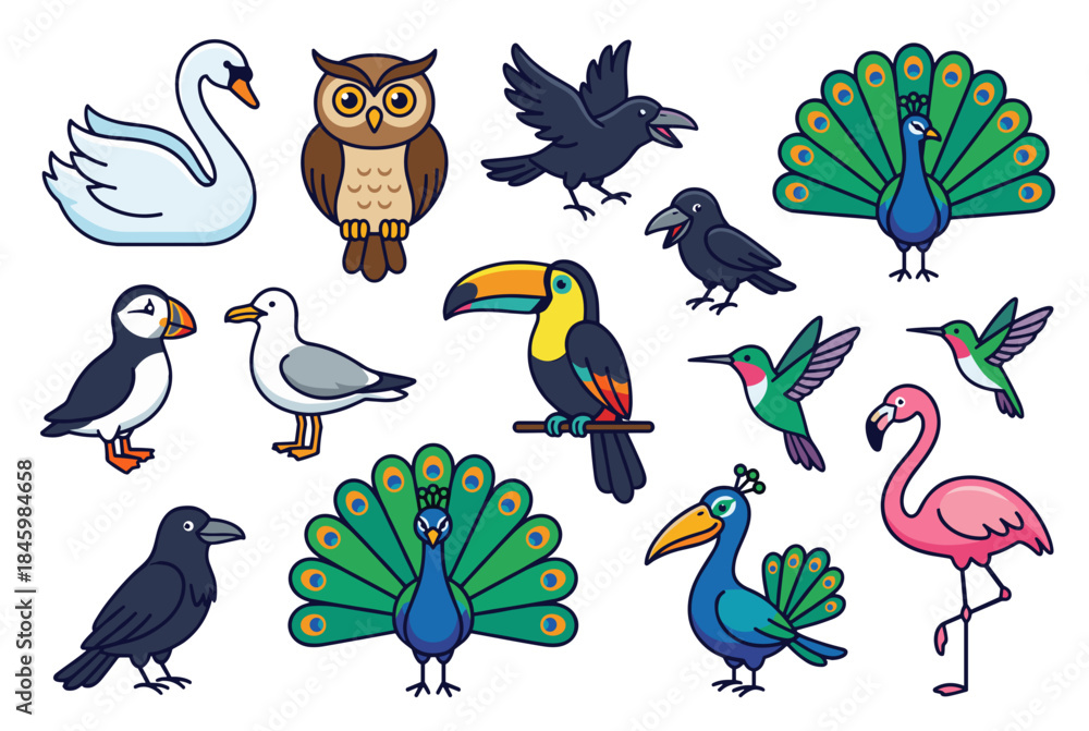 Fototapeta premium Birds Diversity Cartoon Swan, Owl, Crow, Peacock Collection on Transparent Background