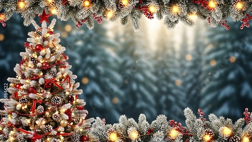 Sparkling Christmas Tree in Enchanting Winter Forest, Adorned with Festive Lights and Berries