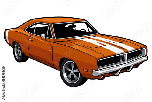 Classic Orange Muscle Car Illustration with White Stripes on Transparent Background