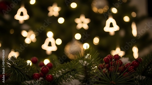 Twinkling lights and red berries adorn a festive Christmas tree, evoking a cozy holiday spirit