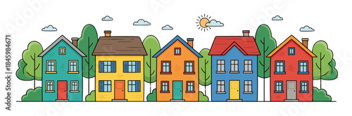 Colorful Row of Houses with Trees, Clouds and Sun in Transparent Background Vector