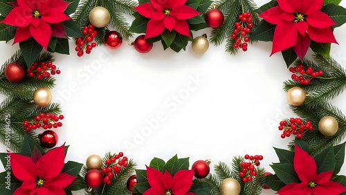 Festive Christmas border with poinsettias, pine, berries, and golden ornaments on white
