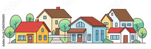 Neighborhood Landscape with Houses and Trees on a Transparent Background Illustration