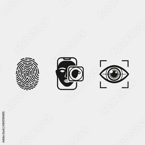 Modern biometric security icons for fingerprint, face recognition on phone and eye scan, symbolizing digital identity and access control systems, vector origin