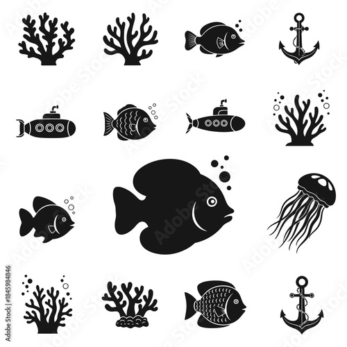 Dive into Adventure: Black and White Aquatic Life Collection Featuring Anchors, Jellyfish, Fish, Coral Reefs, and Submarines in a Stunning Vector Style