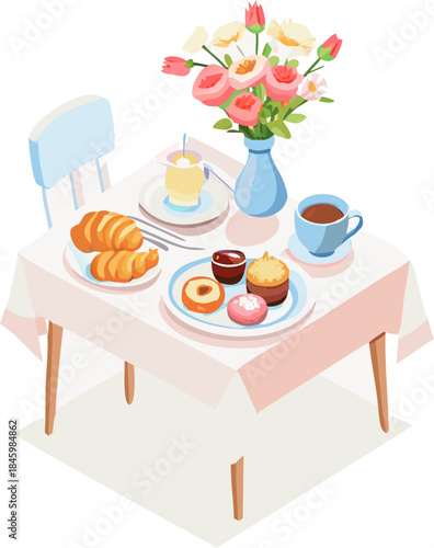 Elegant Brunch Table Setting with Fresh Pastries and Coffee