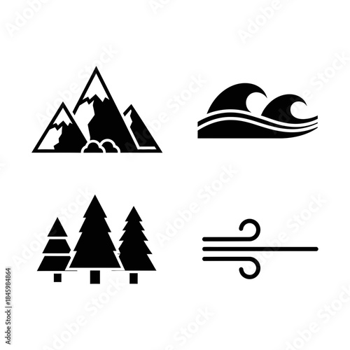 Explore nature's beauty with these icons of mountains, forest, ocean waves, and winds, perfect for travel, outdoors, and adventure designs